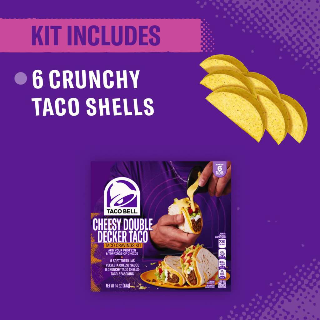 thumbnail video image 2 of Taco Bell Cheesy Double Decker Taco Cravings Kit with 6 Soft Tortillas, 6 Crunchy Taco Shells, Velveeta Cheese Sauce & Seasoning, 14 oz Box, 2 of 16