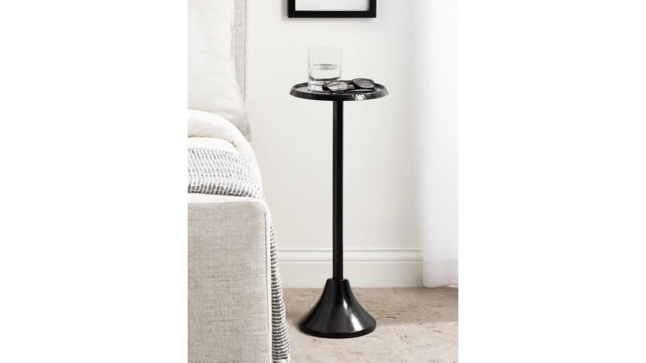 thumbnail video image 2 of Kate and Laurel Sanzo Modern Pedestal Drink Table, 9 x 9 x 23, White, Decorative Small Outdoor Patio Table with Hammered Tabletop for Use as Small Plant Stand or Living Room Martini Table, 2 of 8