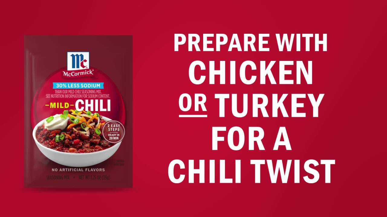 thumbnail video image 2 of McCormick 30% Less Sodium Chili Mild Seasoning Mix, 1.25 oz Packet, 2 of 20