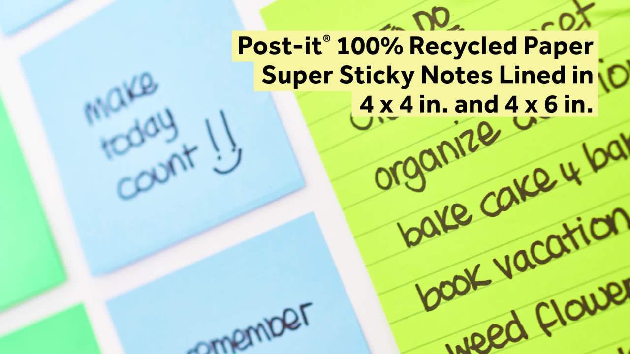thumbnail video image 2 of Post-it Recycled Super Sticky Notes Made with 100% Recycled Paper, 3 in x 3 in, Canary Yellow, 5 Pads, 2 of 12