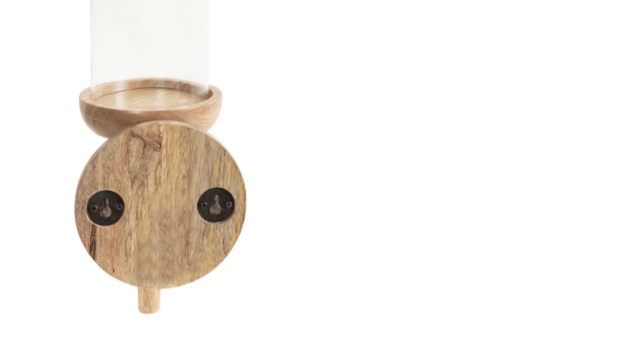 thumbnail video image 2 of Kate and Laurel Shae Transitional Wooden Wall Sconce, 5 x 5 x 13, Natural Wood, Rustic Candle Holder with Removable Glass Cylinder for Flameless Pillar Candles, 2 of 9