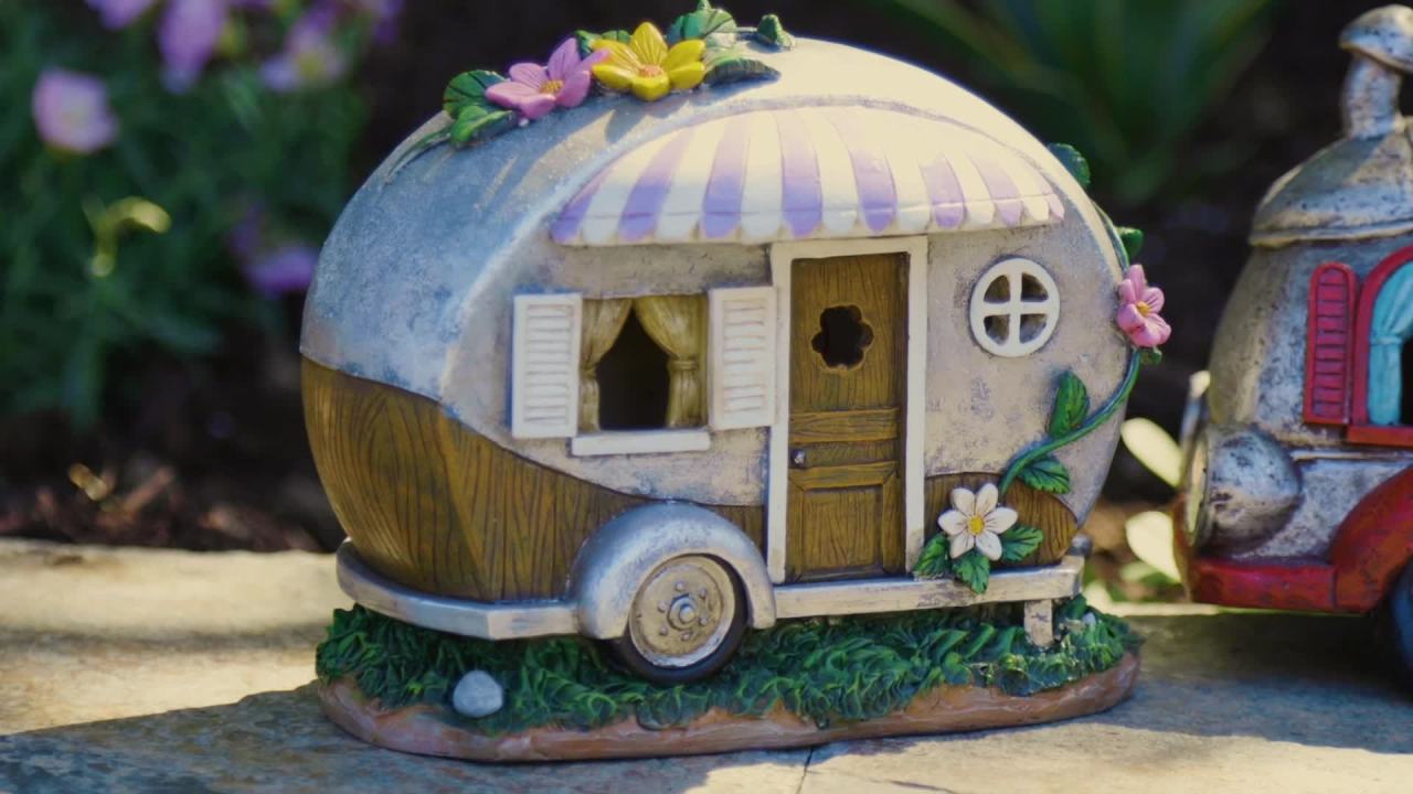 thumbnail video image 2 of Exhart Solar Silver Camping Trailer Garden Statue, 6 inch, Resin, 2 of 8