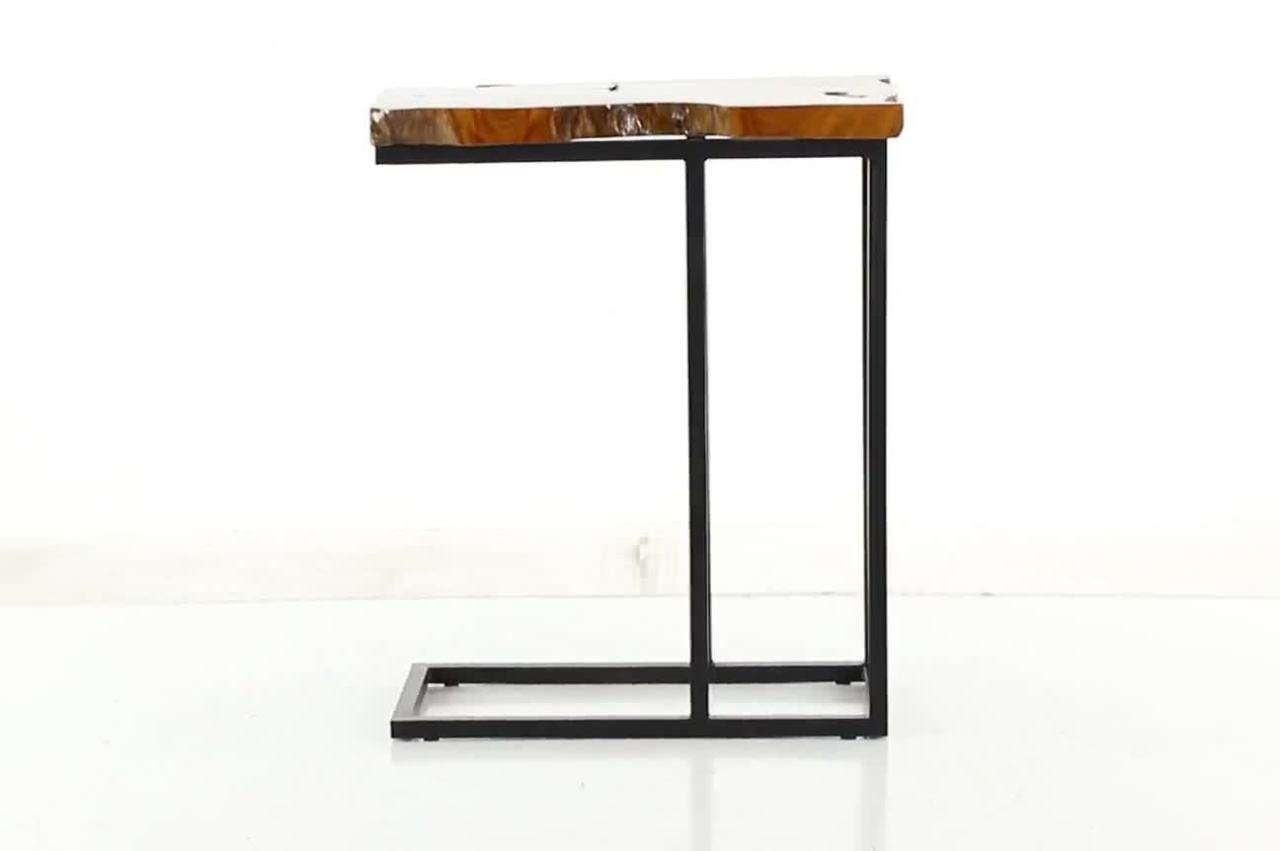 thumbnail video image 2 of DecMode 11" x 25" Brown Teak Wood Live Edge Top Accent Table with Black Metal Base, 1-Piece, 2 of 10