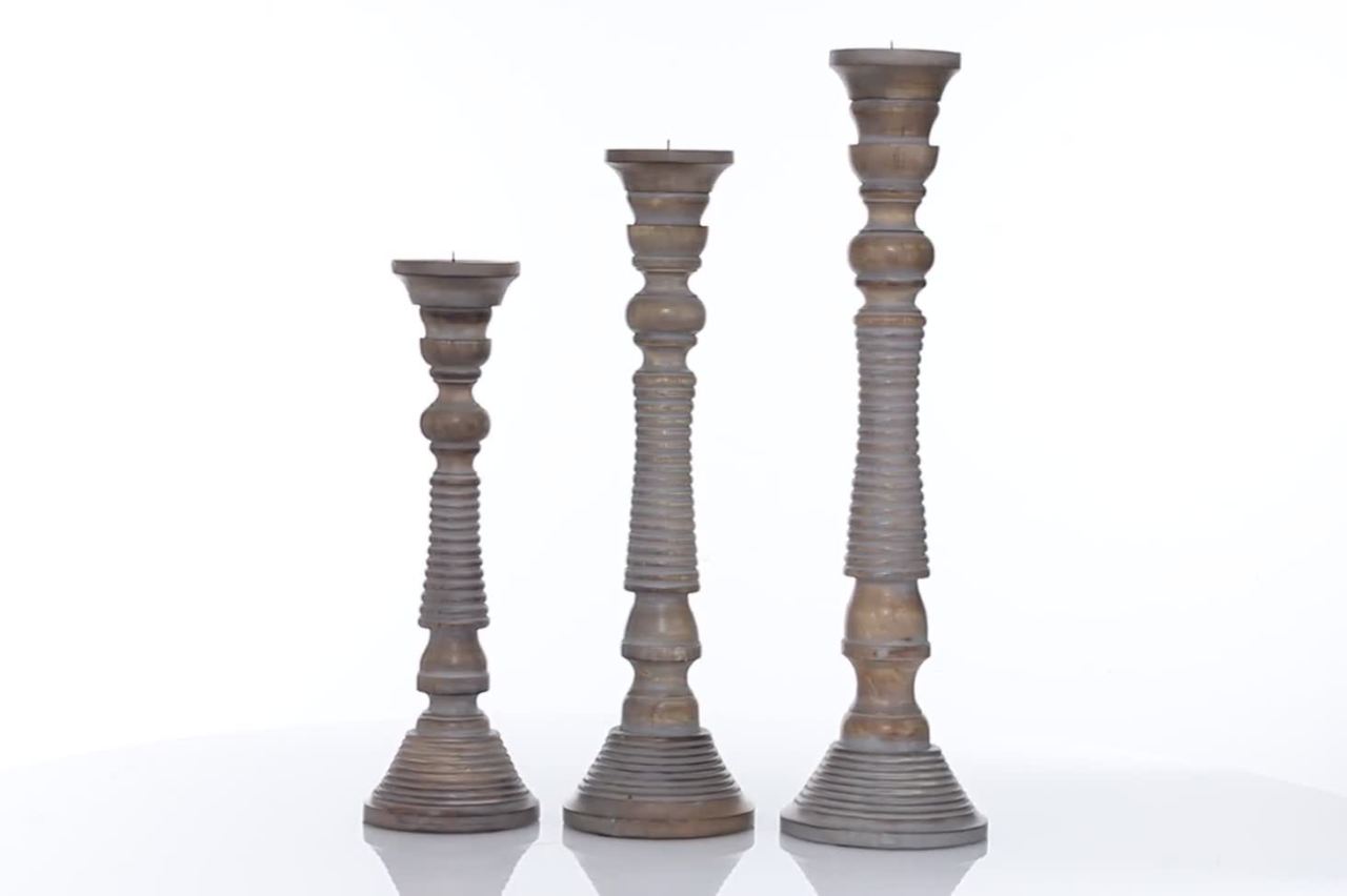 thumbnail video image 2 of DecMode 3 Candle Light Gray Mango Wood Handmade Candle Holder, Set of 3, 2 of 10
