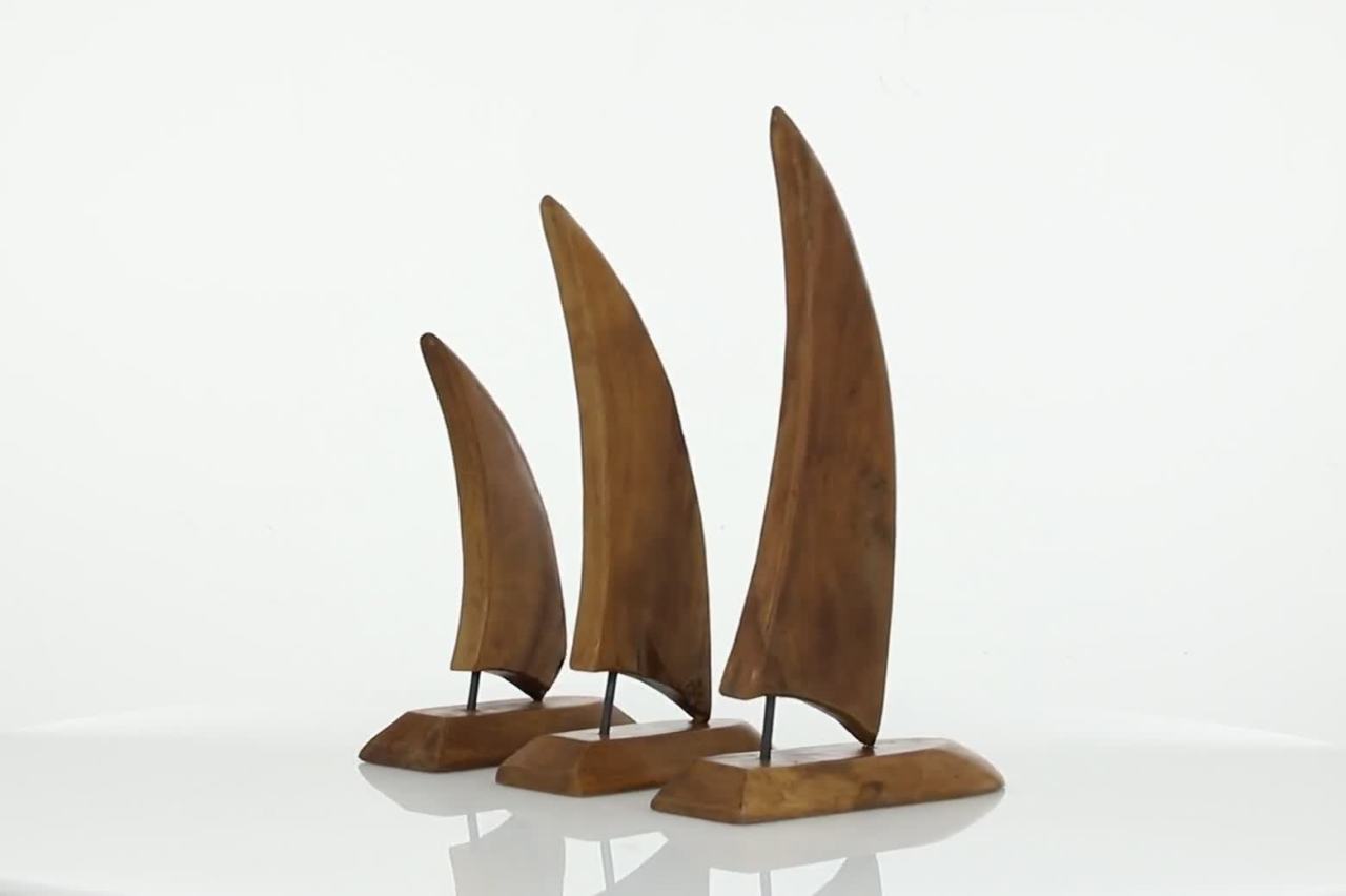 thumbnail video image 2 of 20", 17", 13"H Brown Teak Wood Handmade Sail Boat Sculpture, by DecMode (3 Count), 2 of 10