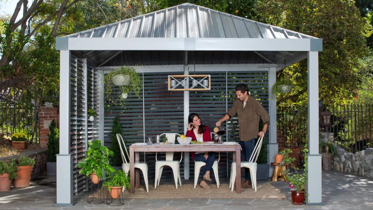 thumbnail video image 2 of Sojag Genova 12 x 12 x 10 ft Dark Brown Sojag Outdoor Hardtop Gazebo 4-Season Outdoor Shelter With Mosquito Net, 2 of 14