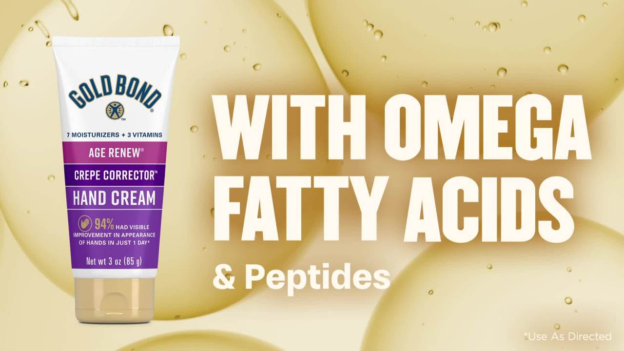 thumbnail video image 2 of Gold Bond Crepe Hand and Body Lotion & Cream to Visibly Improve & Tighten Skin Appearance, 3 oz, As Seen on TikTok, 2 of 11