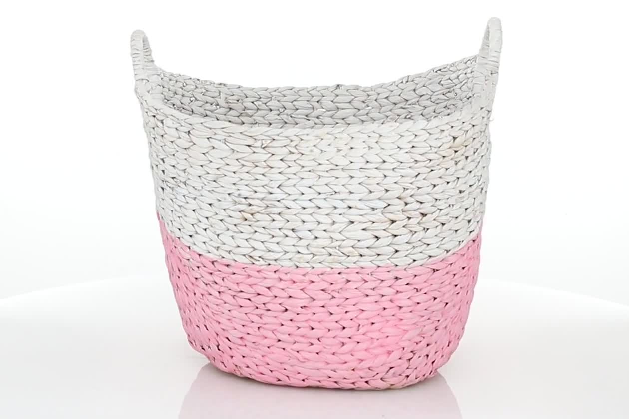 thumbnail video image 2 of Cosmoliving by Cosmpolitan Seagrass Contemporary Woven Storage Basket 21"W x 19"H, with Daisy White Finish and Half Dipped Pink Accent, 2 of 7