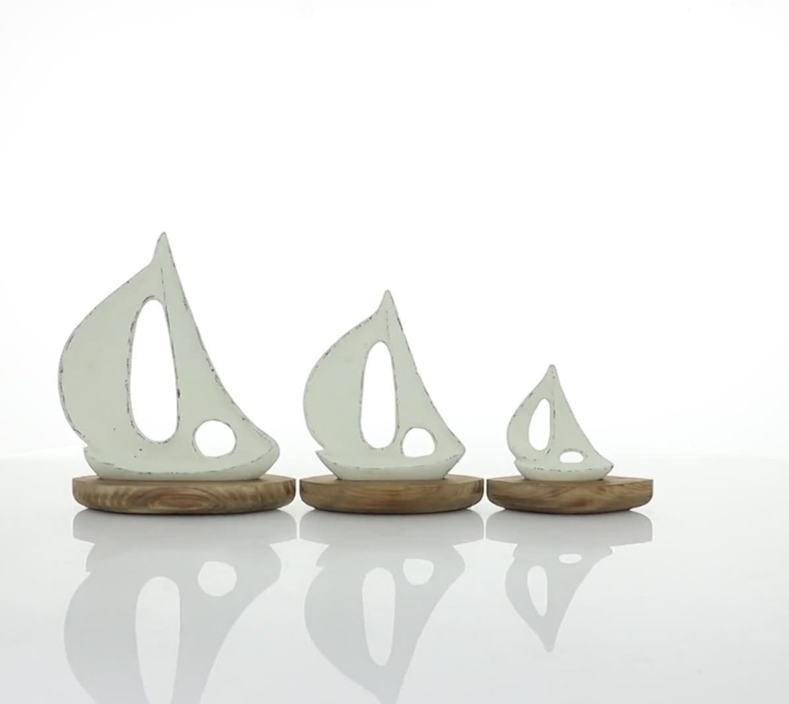 thumbnail video image 2 of 11", 8", 6"H White Wood Sail Boat Sculpture with Wood Base, by DecMode (3 Count), 2 of 10
