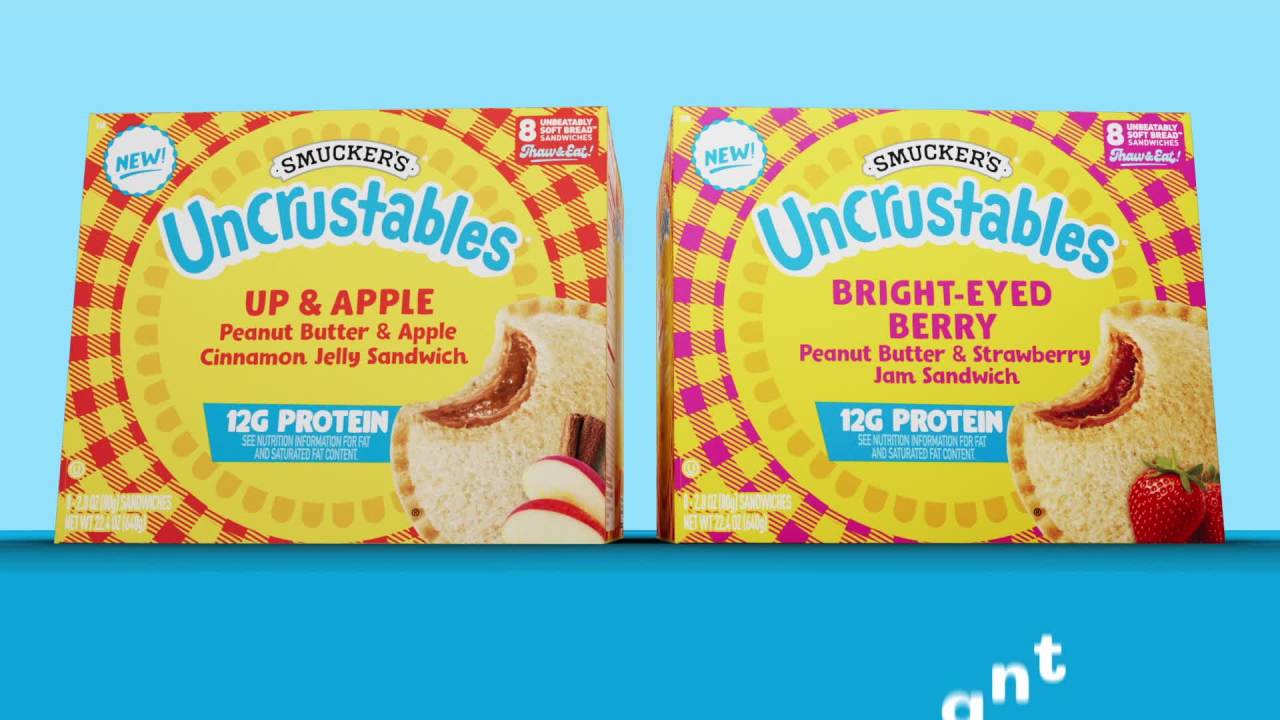 thumbnail video image 2 of Smucker’s Uncrustables Up & Apple Morning Protein Snacks, Peanut Butter & Apple Cinnamon Jelly Sandwiches on Wheat Bread, 8 Count, 2.8 oz Each (Frozen), 2 of 12