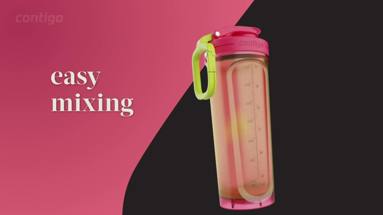 thumbnail video image 2 of Contigo Fit Shake & Go 2.0 Plastic Antimicrobial Shaker Bottle, Grapefruit Pink, 28 fl oz., 2 of 10