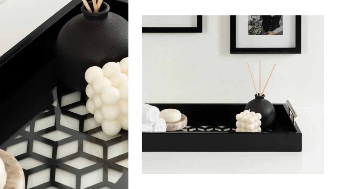 thumbnail video image 2 of Kate and Laurel Caspen Cut Out Pattern Decorative Rectangle Tray with Silver Metal Handles, 10 x 24, Black and Silver, Modern Glam Serving Tray with Handles for Living Room Decor, 2 of 9