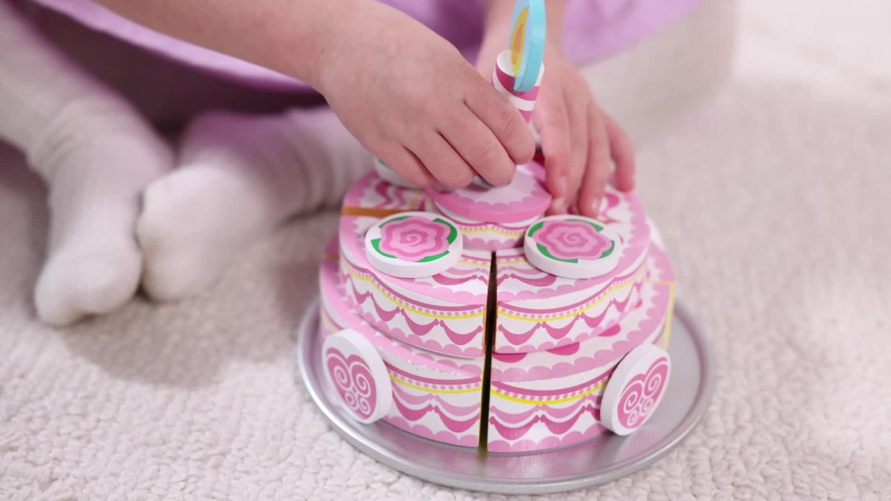 thumbnail video image 2 of Melissa & Doug Wooden Triple-Layer Party Cake Play Food Set for Preschool Boys and Girls, 2 of 10