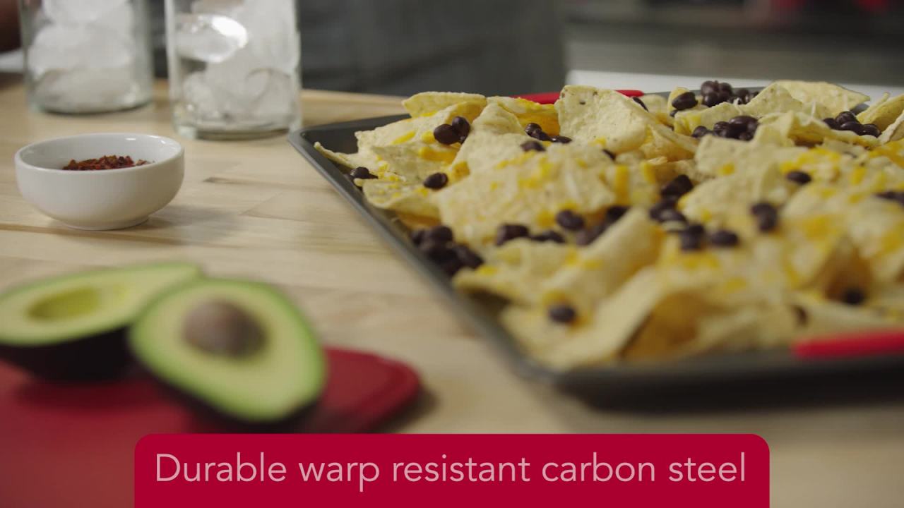 thumbnail video image 2 of GoodCook Mega Grip Set of 3 Nonstick Steel Multipurpose Cookie Sheets with Silicone Grip Handles, Gray, 2 of 9