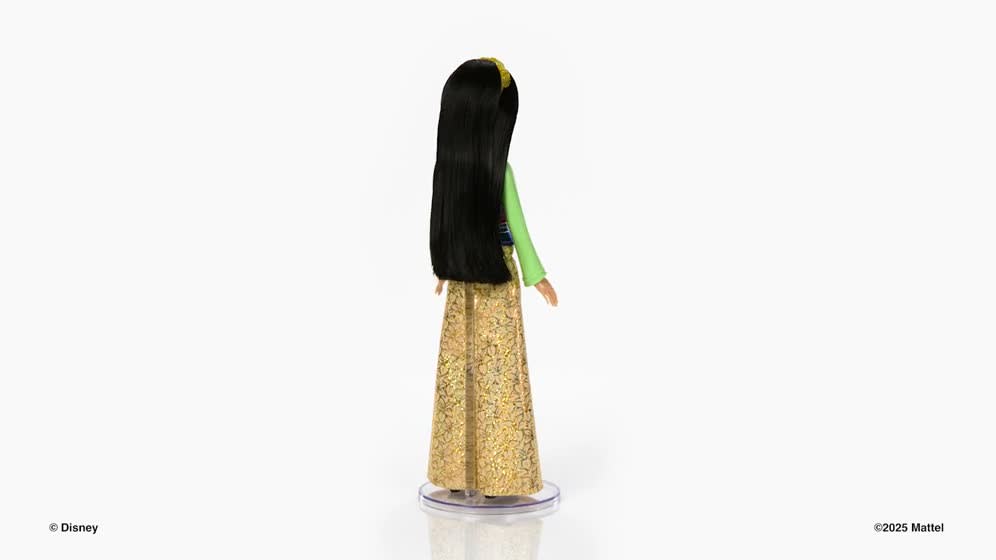 thumbnail video image 3 of Disney Princess Mulan 11 inch Fashion Doll with Black Hair, Brown Eyes & Hair Accessory, Sparkling Look, 3 of 8