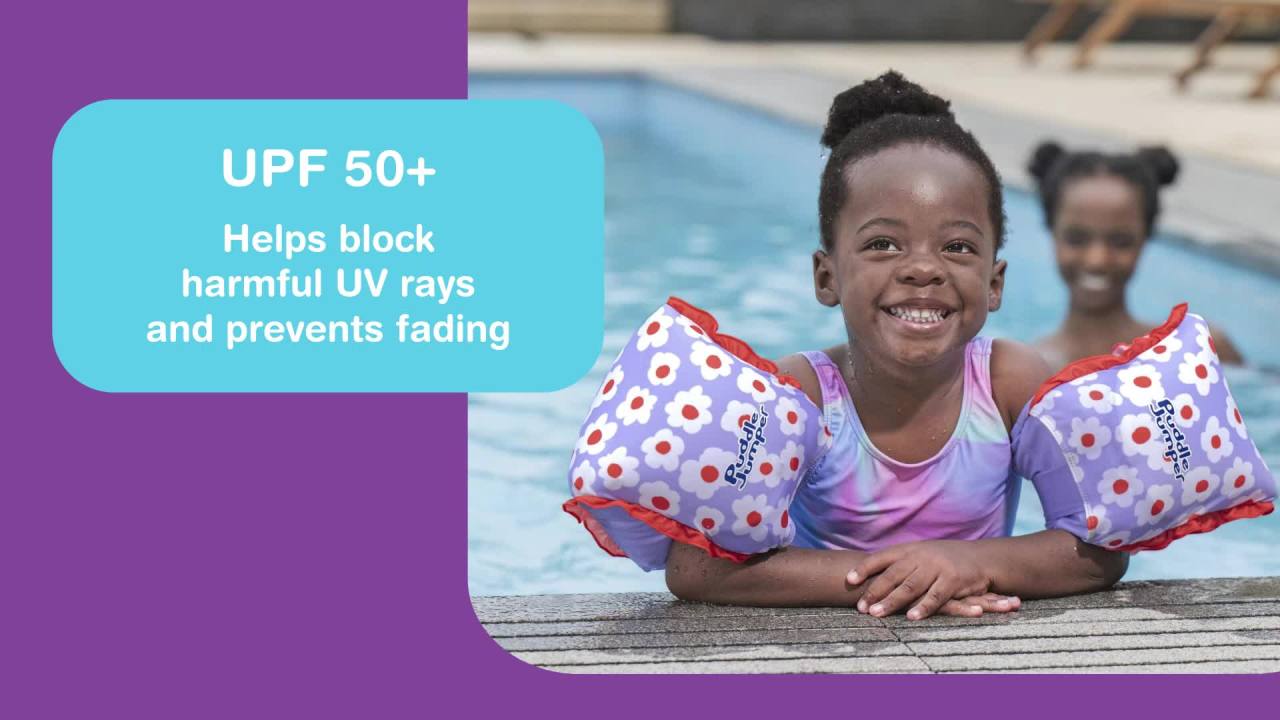 thumbnail video image 3 of Puddle Jumper AquaStar Fabric Inflatable Armband Floaties, Flower, Up to 66 lbs, 3 of 16