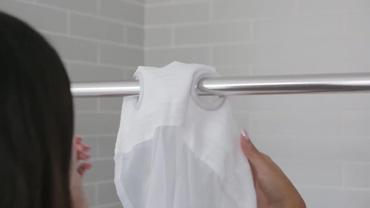 thumbnail video image 2 of Mainstays Norwalk Easy Hang Hookless Fabric Shower Curtain, 70" x 74", Grey, 2 of 10