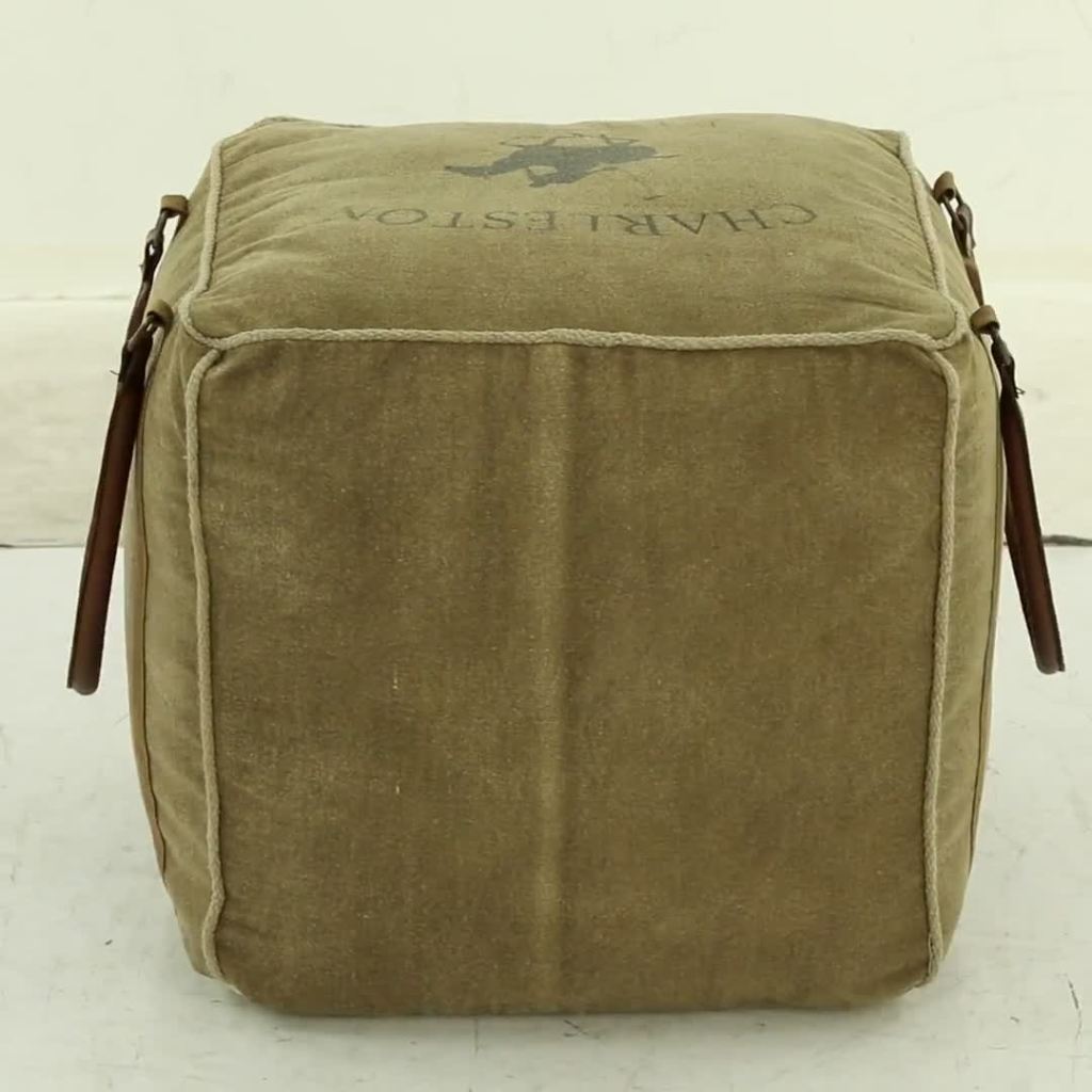 thumbnail video image 2 of DecMode Rustic and Organic Square Ottoman Fabric Pouf features Tan Canvas and Brown Leather Handles with a Star Design, 20"W x 19"H, 2 of 10