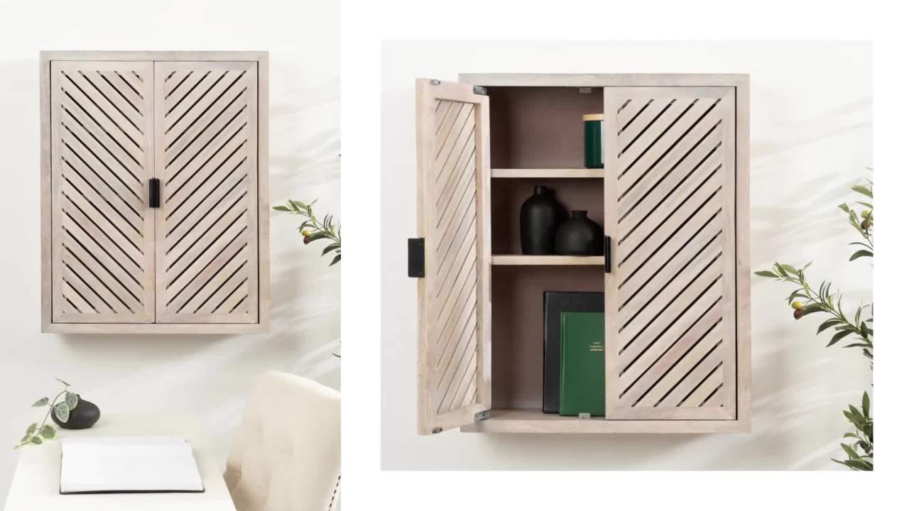 thumbnail video image 2 of Kate and Laurel Mezzeta Decorative Modern Two-Door Floating Bathroom Cabinet, 22 x 7 x 28, Natural Wood, Decorative Solid Mango Wood Over the Toilet Storage Cabinet with Slatted Chevron Design, 2 of 9