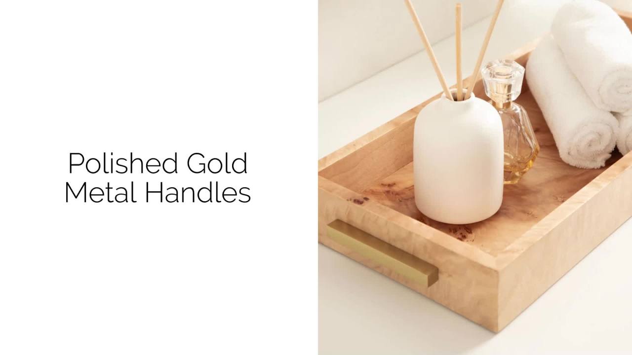 thumbnail video image 2 of Kate and Laurel Burlock Modern Decorative Burlwood Rectangle Tray with Handles, 8 x 19, Natural Wood and Gold, Transitional Rectangular Tray for Use as Entryway Tray Decor or Ottoman Serving Tray, 2 of 11