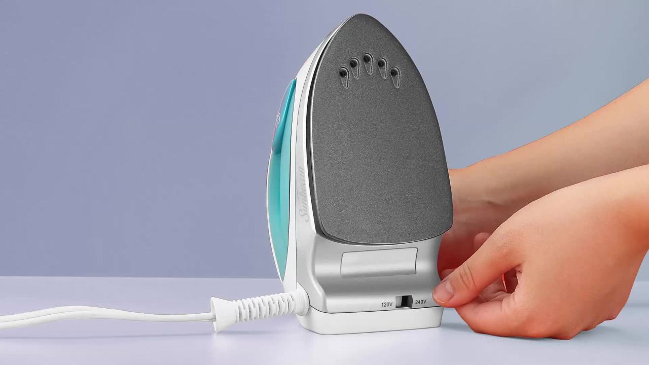 thumbnail video image 3 of Sunbeam Travel Steam Iron, 1080 Watt Dual Voltage, Portable Non-Stick Soleplate, White-Teal, 3 of 11