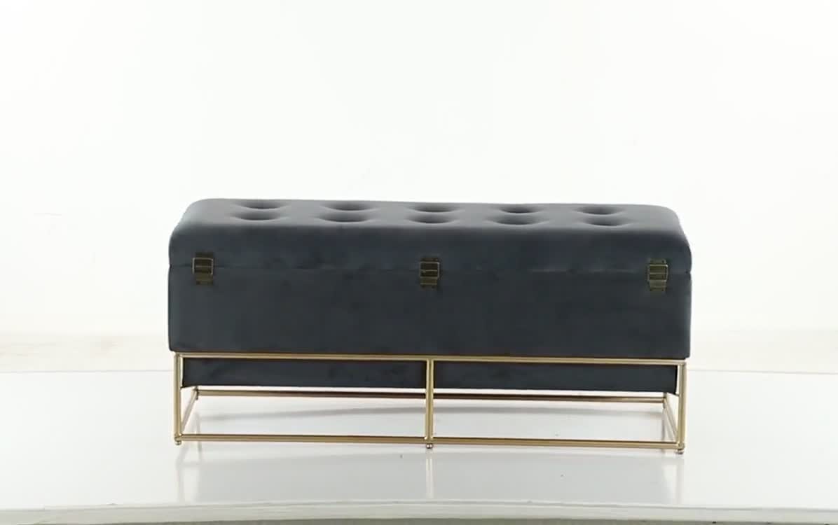 thumbnail video image 2 of DecMode 44" x 19" Gray Metal Storage Bench with Gold Base, 1-Piece, 2 of 12