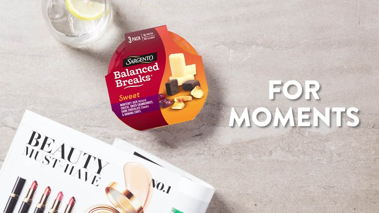 thumbnail video image 2 of Sargento® Sweet Balanced Breaks® Cheddar Cheese, Roasted Almonds, Raisins, & Yogurt Drops, 2 of 8