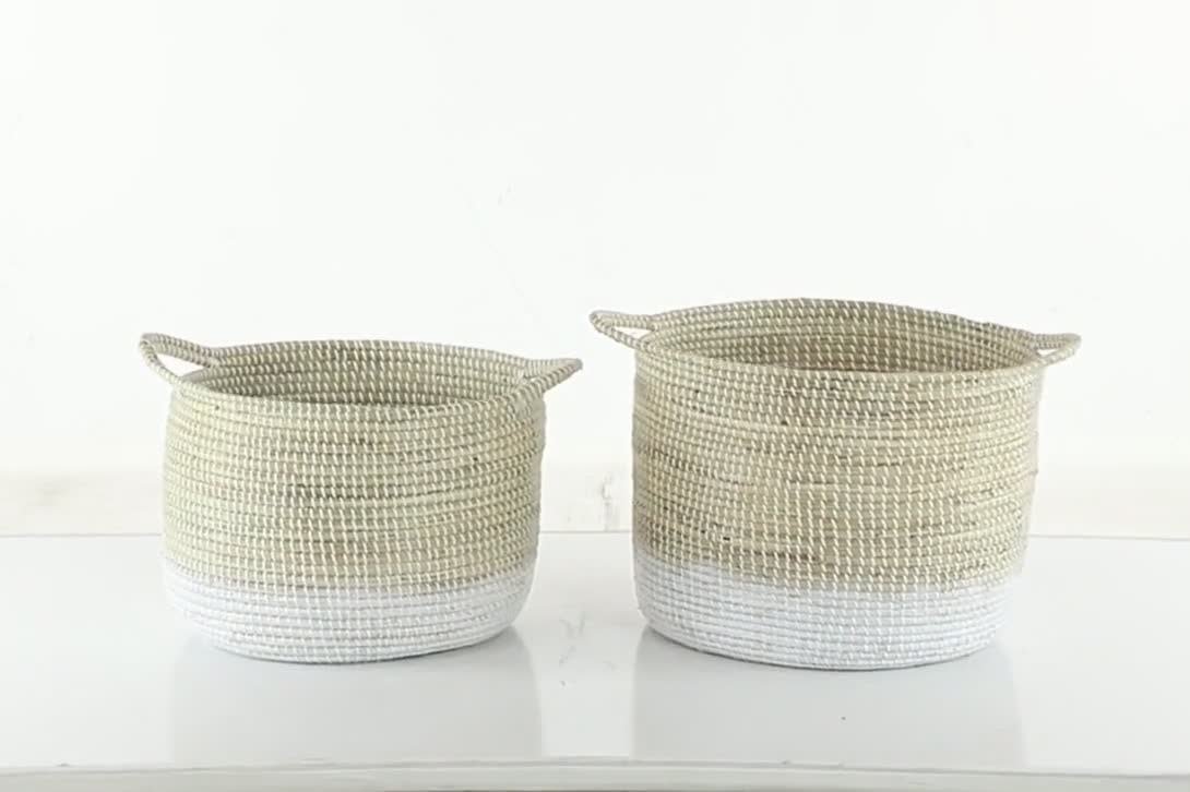 thumbnail video image 2 of DecMode 18", 20"W White Seagrass Handmade Two Toned Storage Basket with Handles, 2-Pieces, 2 of 8