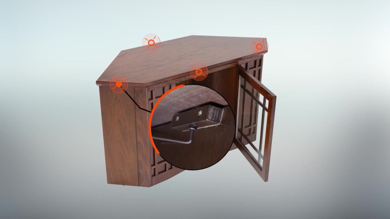 thumbnail video image 2 of Mission Corner TV Stand with One Door in Mission Oak, 46-Inch, 2 of 24