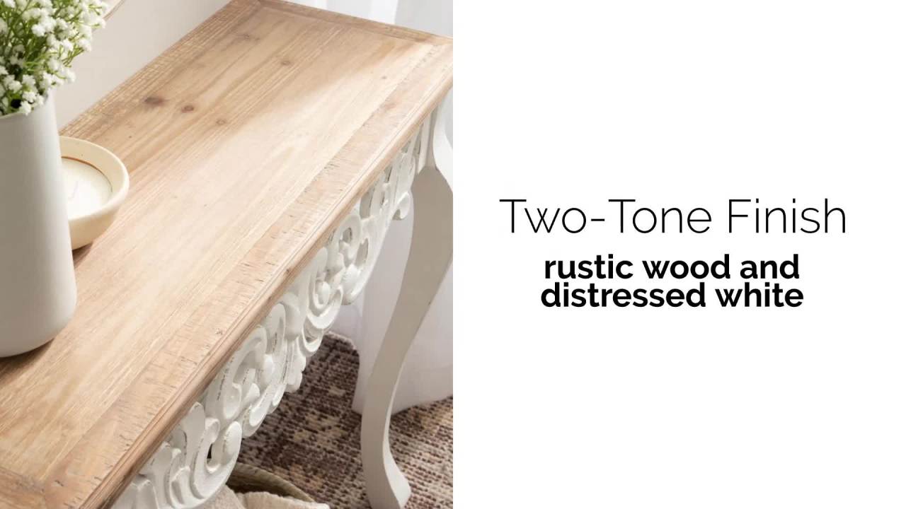 thumbnail video image 2 of Kate and Laurel Antonella Farmhouse Ornate Console Table, 38 x 13 x 30, Hazelnut and White, Rustic Carved Wood Entryway Table for Functional and Stylish Home Decor, 2 of 9