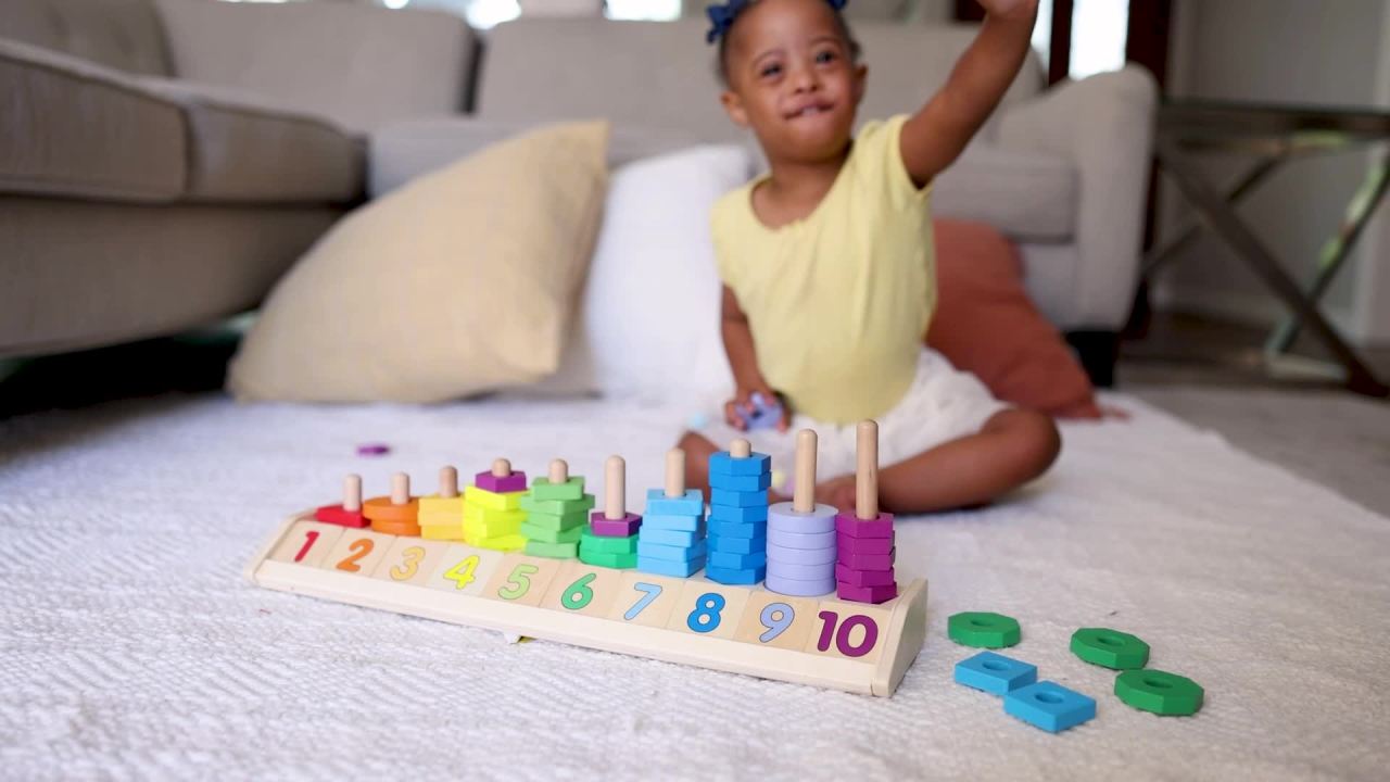 thumbnail video image 2 of Melissa & Doug Counting Shape Stacker - Wooden Educational Toy With 55 Shapes and 10 Number Tiles, 2 of 10