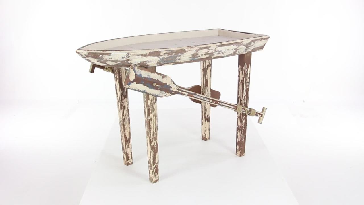 thumbnail video image 2 of DecMode 49" x 33" White Wood Distressed Tray Top Boat Accent Table with Oar Detailed Legs, 1-Piece, 2 of 13