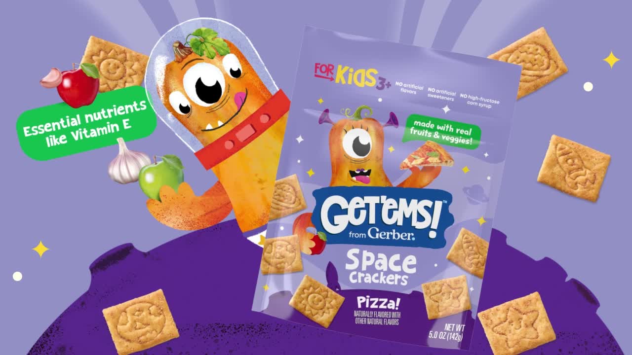 thumbnail video image 2 of (6 pack) Get'ems from Gerber Pizza Space Crackers, Kids Snack Made with Real Veggies & Fruits, Iron & Vitamin E 5 oz, 2 of 11