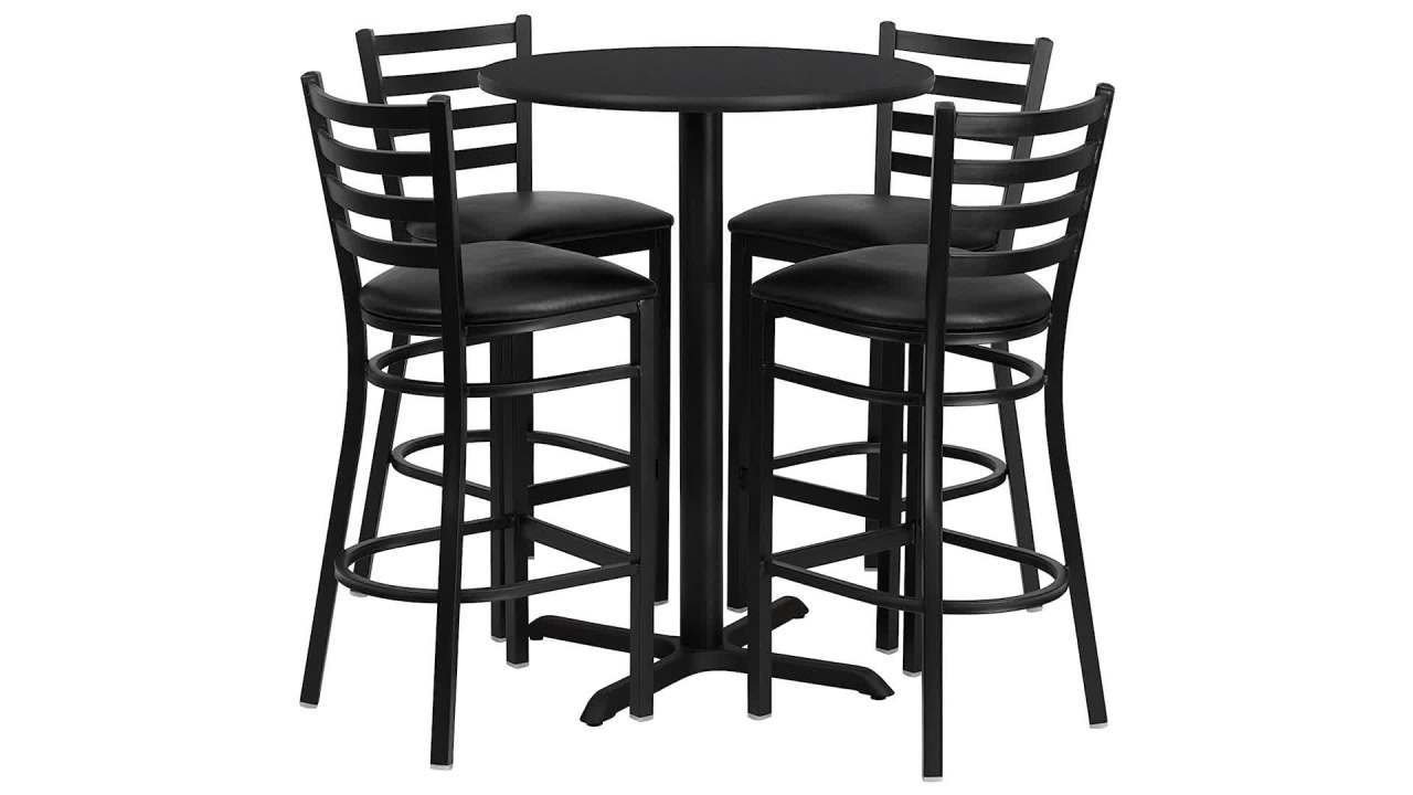 thumbnail video image 2 of Flash Furniture Carlton 30'' Round Black Laminate Table Set with X-Base and 4 Ladder Back Metal Barstools - Black Vinyl Seat, 2 of 9
