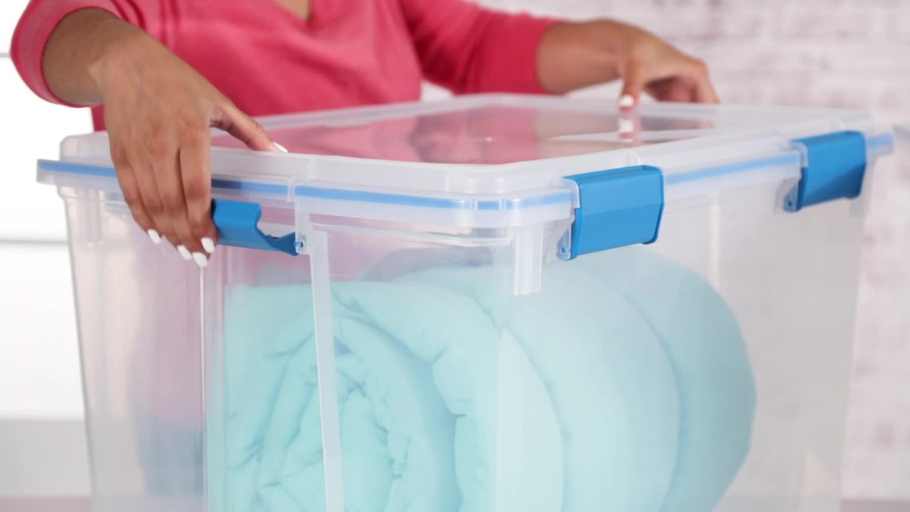 thumbnail video image 2 of (2 pack) Sterilite Large Gasket Box, 80 Quart Clear Weather-Resistant Plastic Storage Bin with Gasket Seal and Latch Lid, Blue, 2 of 15