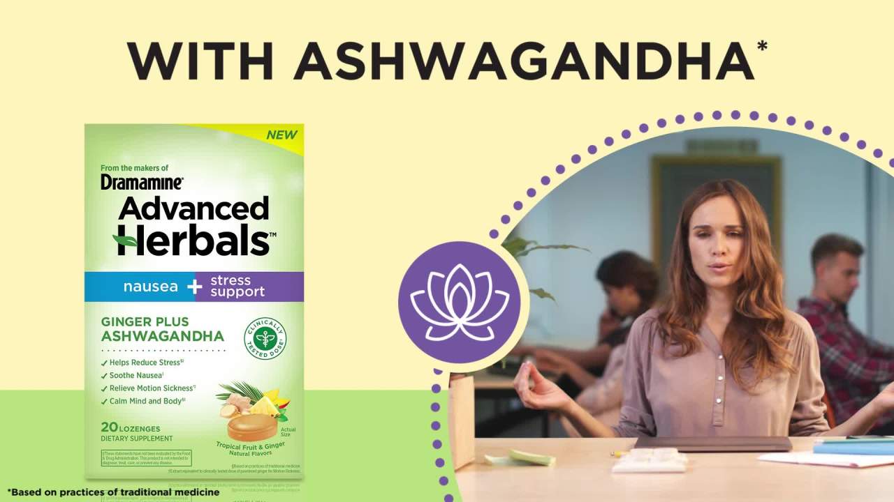 thumbnail video image 2 of Advanced Herbals by Dramamine, Nausea + Stress Support Lozenges with Ginger & Ashwagandha, 20 Ct, 2 of 14