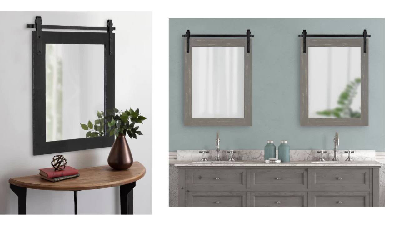 thumbnail video image 2 of Kate and Laurel Cates Farmhouse Horizontal Wood Framed Wall Mirror, 38 x 27, Walnut Brown, Barn Door-Inspired Decorative Hanging Mirror for Wall Decor, 2 of 8