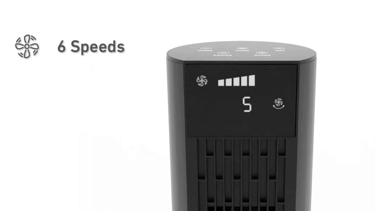 thumbnail video image 3 of Holmes 36" CleanBreeze Oscillating Tower Fan, 6-Speed, Remote, Black, 3 of 11
