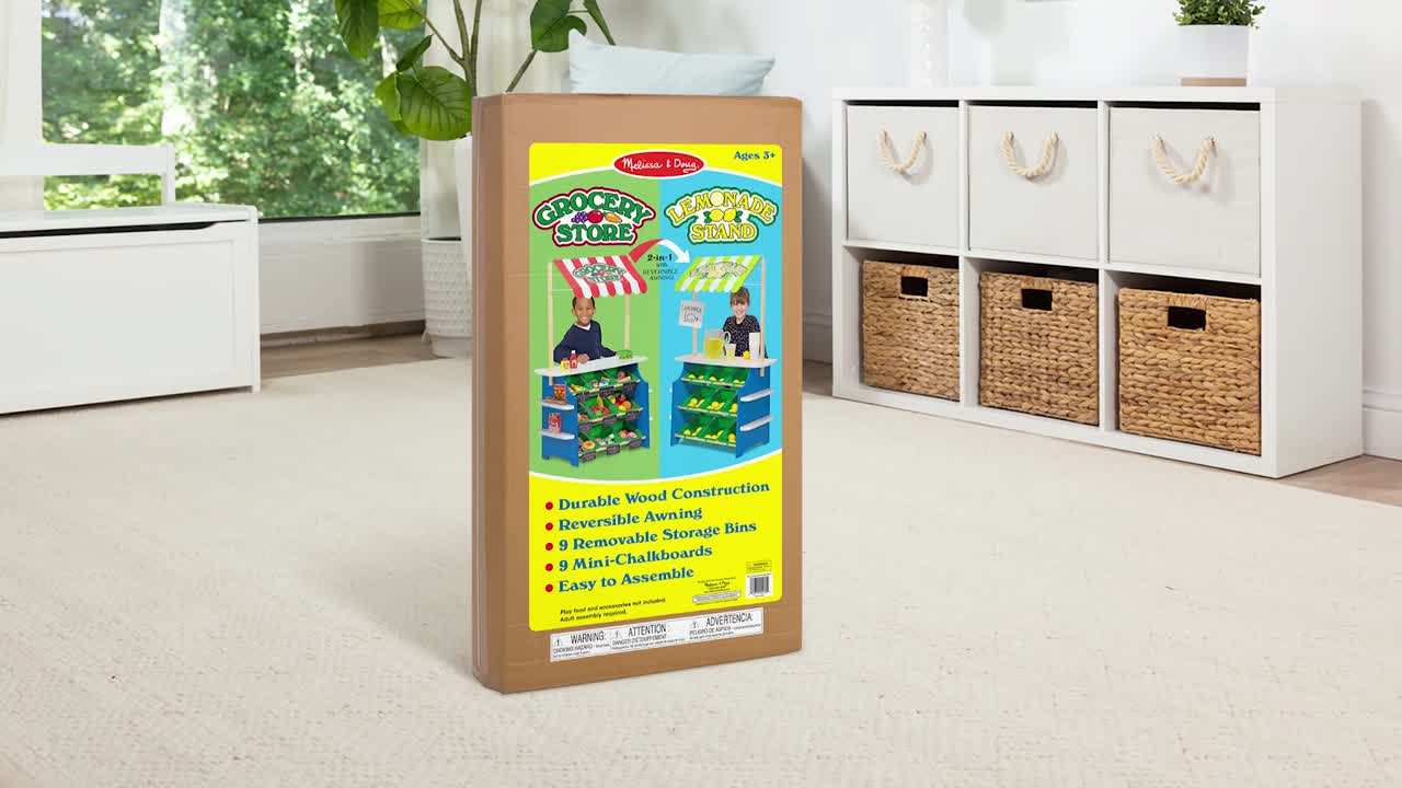 thumbnail video image 2 of Melissa & Doug Wooden Grocery Store and Lemonade Stand Activity Center - Reversible Awning, 9 Bins, 9 Chalkboards, 2 of 10
