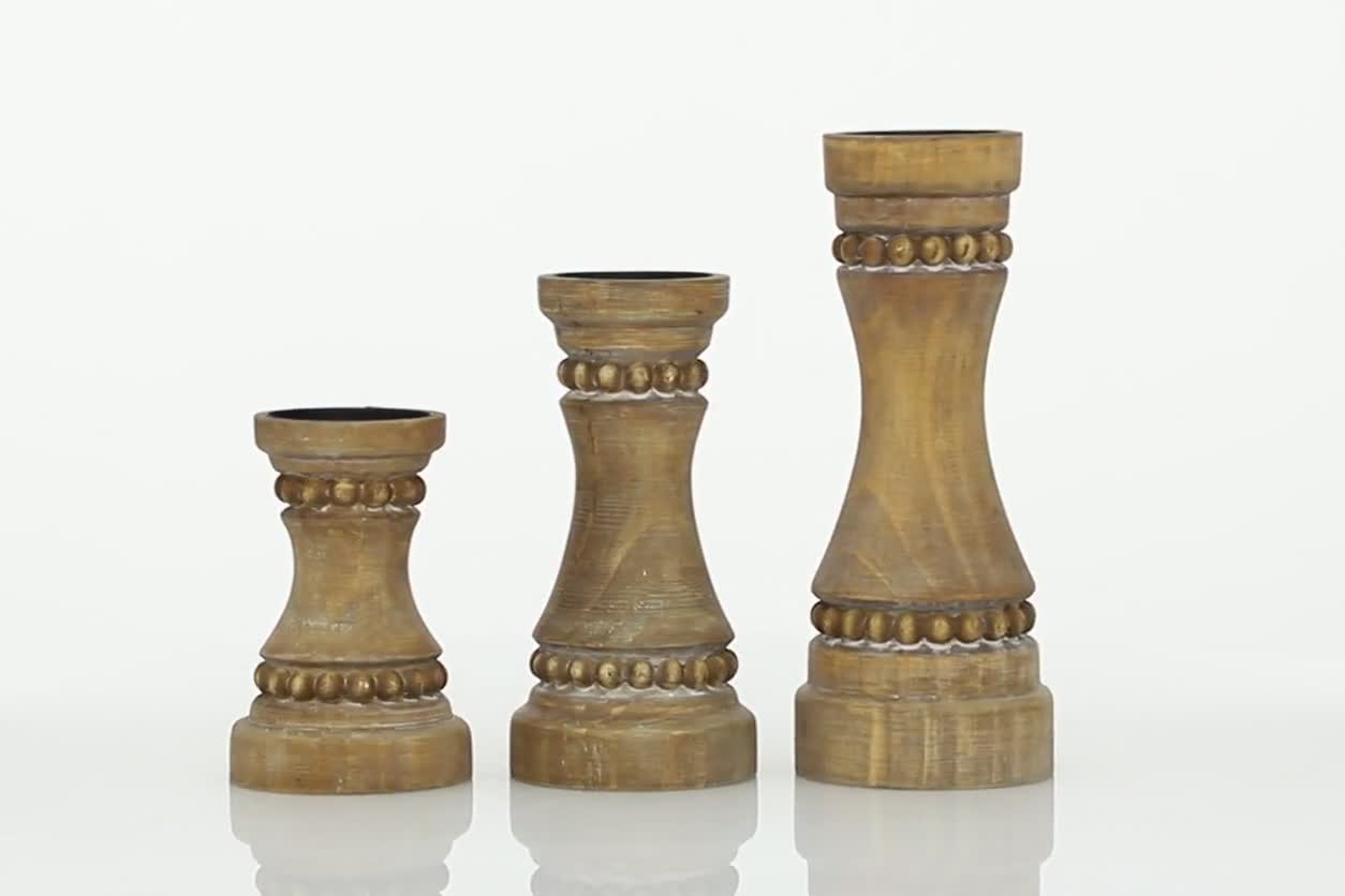 thumbnail video image 2 of DecMode 3 Candle Brown Wood Beaded Pillar Candle Holder, Set of 3, 2 of 8