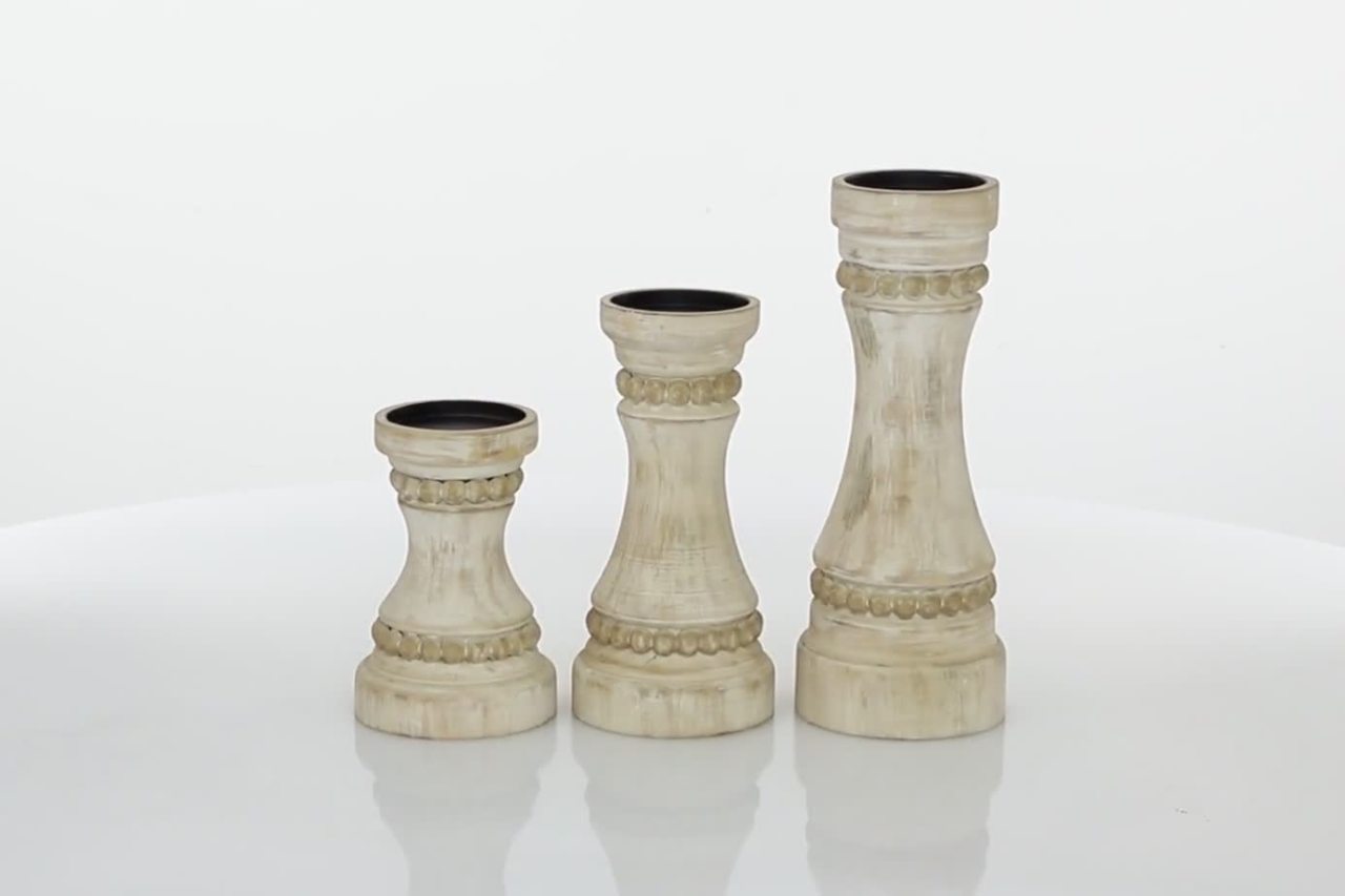 thumbnail video image 2 of DecMode 3 Candle Cream Wood Candle Holder, Set of 3, 2 of 7