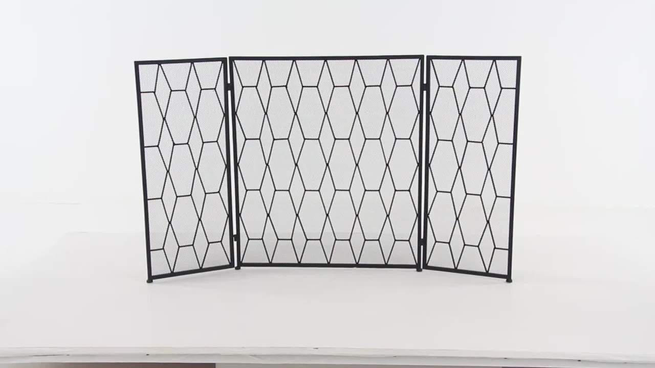 thumbnail video image 2 of DecMode 51" x 31" Black Metal Foldable 3 Panel Geometric Fireplace Screen with Mesh Netting, 1-Piece, 2 of 8