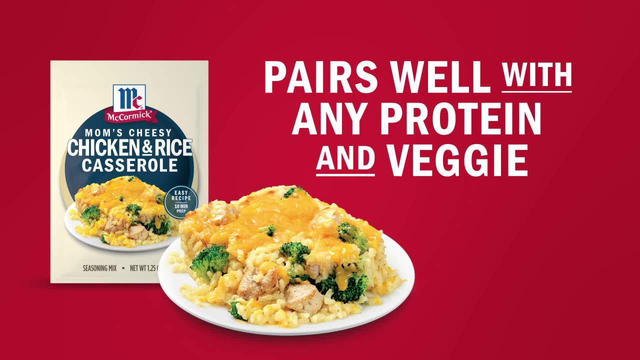 thumbnail video image 2 of McCormick Mom's Cheesy Chicken & Rice Casserole Seasoning Mix, 1.25 oz Packet, 2 of 22
