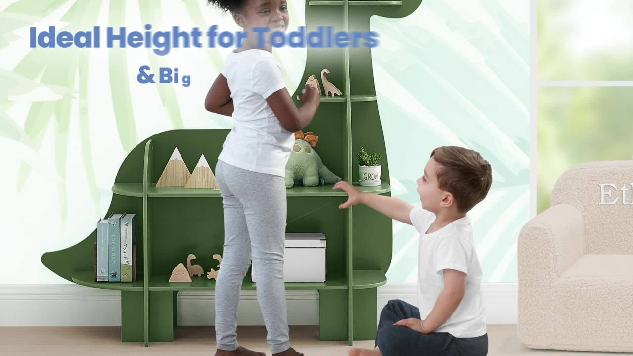 thumbnail video image 2 of Delta Children Dinosaur Bookcase - Greenguard Gold Certified, Fern Green, 2 of 7