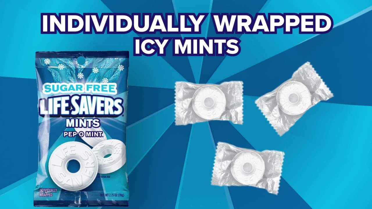 thumbnail video image 2 of Life Savers Pep-O-Mint Sugar Free Breath Mints Hard Candy - 2.75 oz Blue Bag, 2 of 9