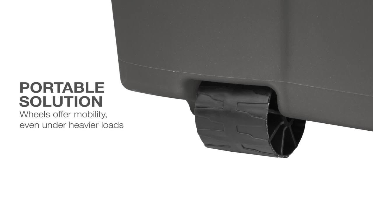 thumbnail video image 2 of Sterilite 45 gal. Wheeled Latch Tote, Adult, Plastic, Stadium Blue, 2 of 7