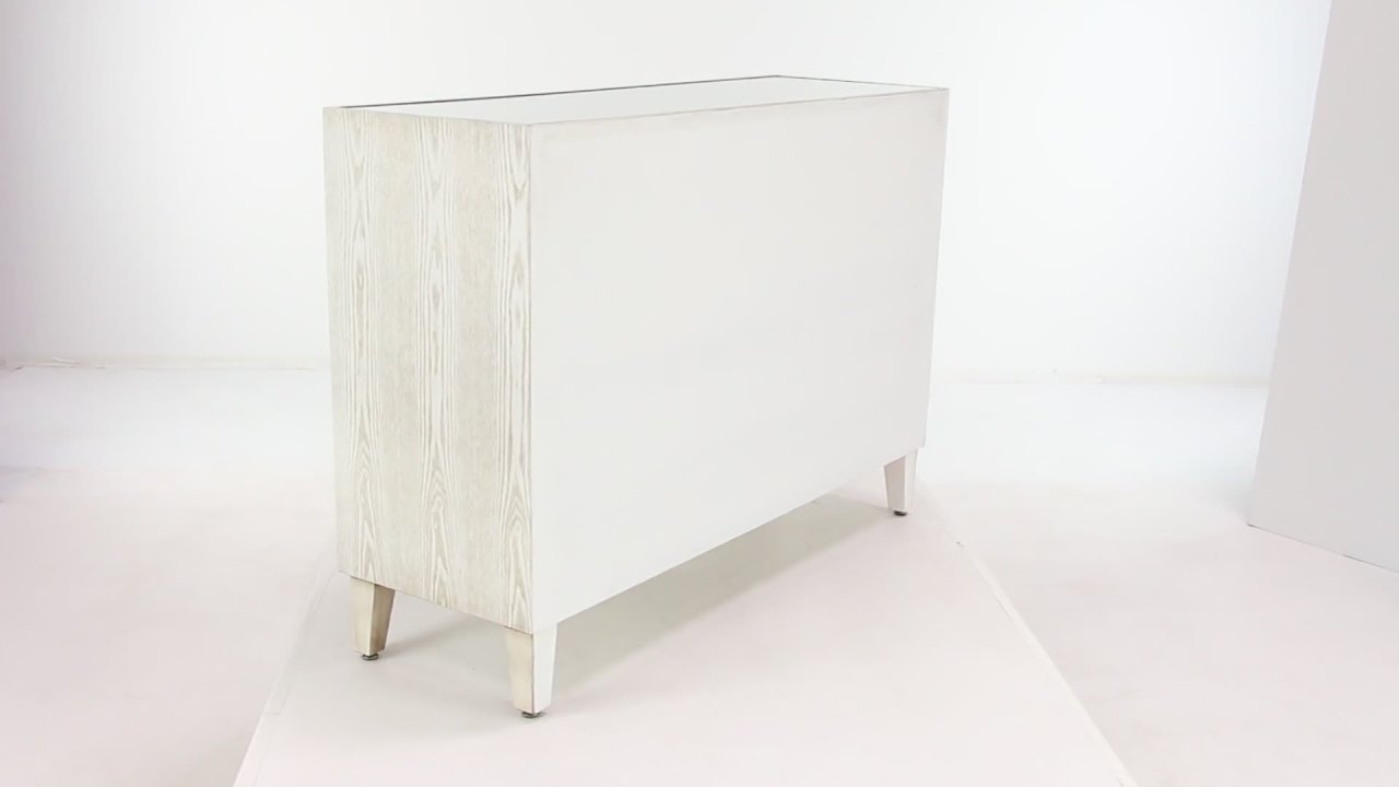 thumbnail video image 2 of DecMode 47" x 34" White Wood Mirrored 1 Shelf and 3 Doors Geometric Cabinet, 1-Piece, 2 of 11