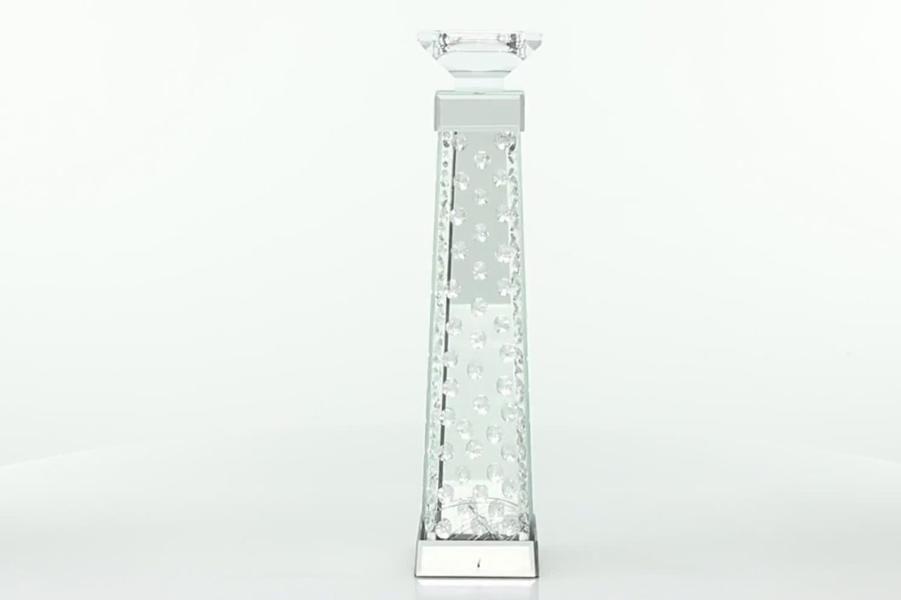 thumbnail video image 2 of DecMode Silver Glass Pillar Candle Holder with Mirrored Accents and Crystals, 2 of 14