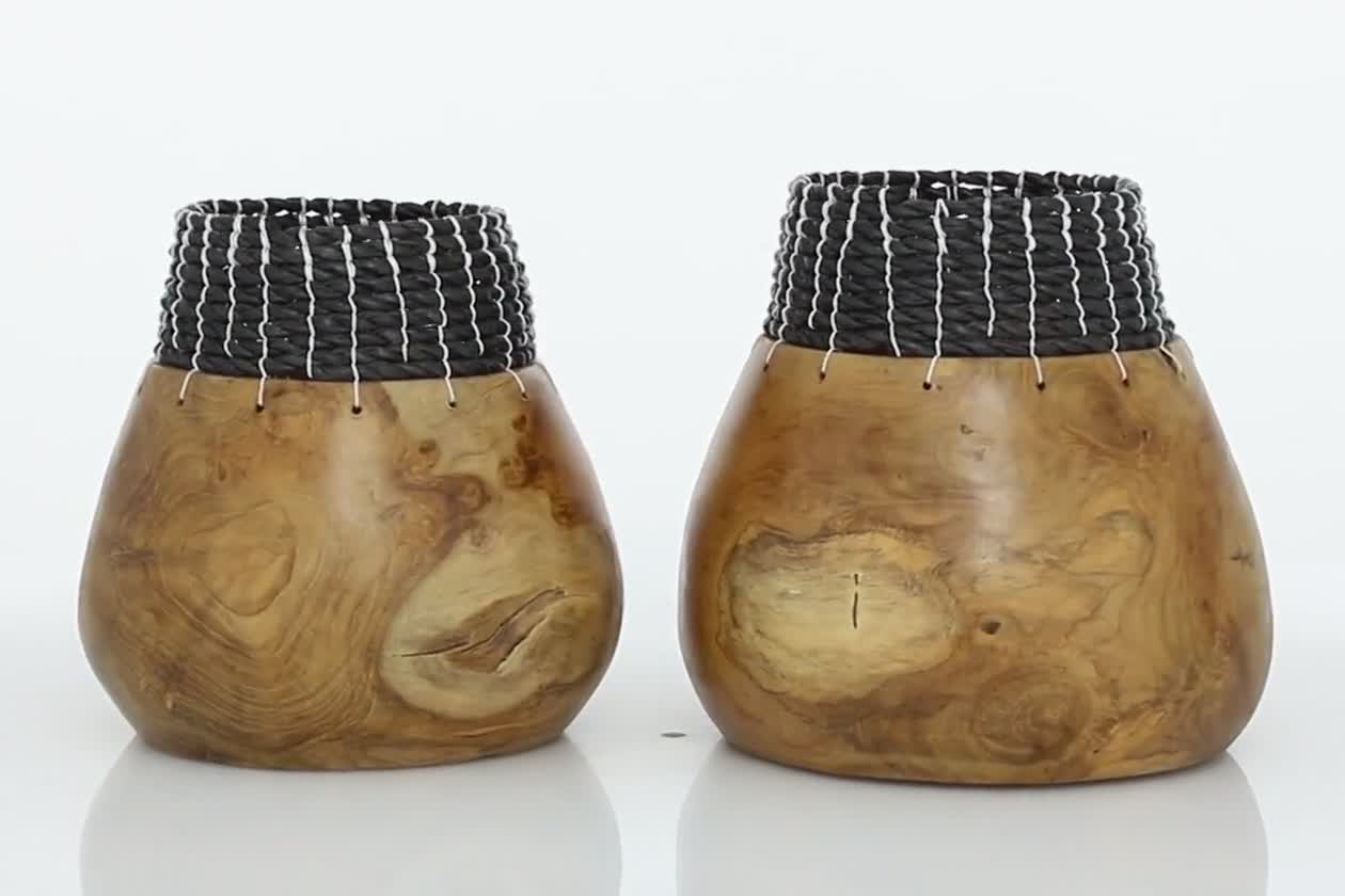 thumbnail video image 2 of DecMode 10", 9"H Handmade Brown Wood Vase with Black Seagrass Accents, Set of 2, 2 of 9