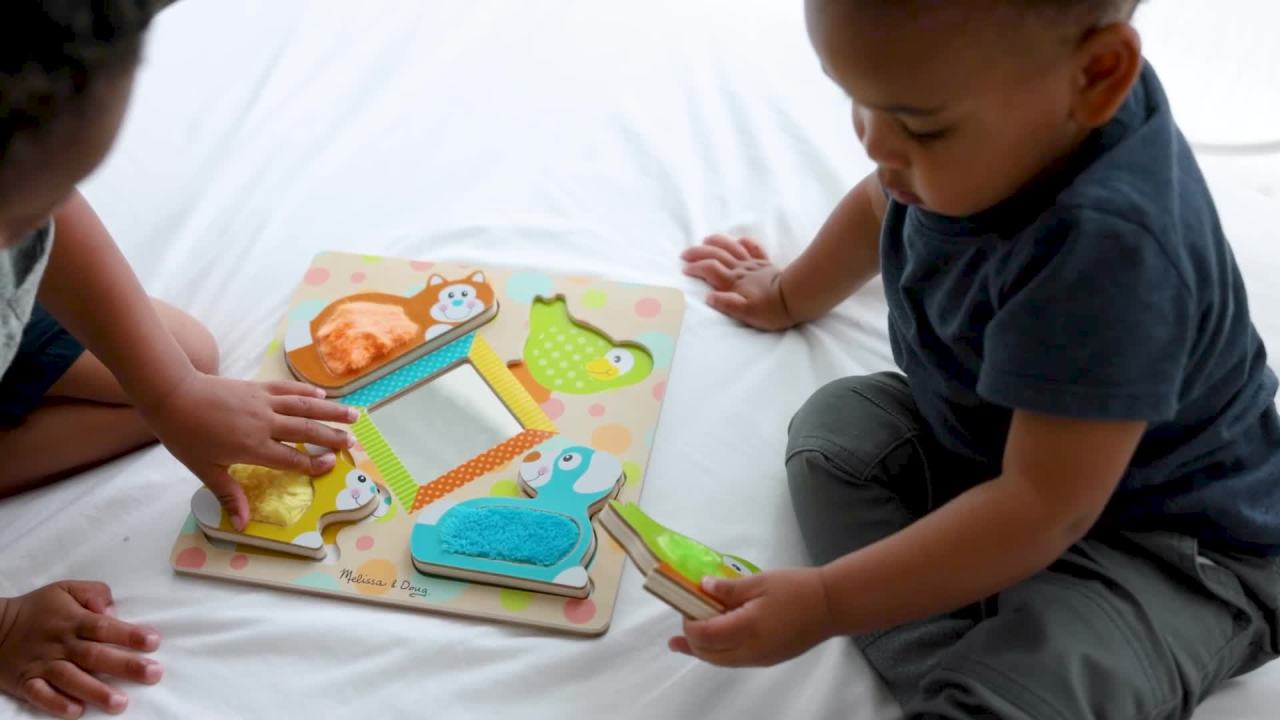 thumbnail video image 2 of Melissa & Doug First Play Peek-a-Boo Pets Wooden Touch and Feel Puzzle With Mirror, 2 of 10